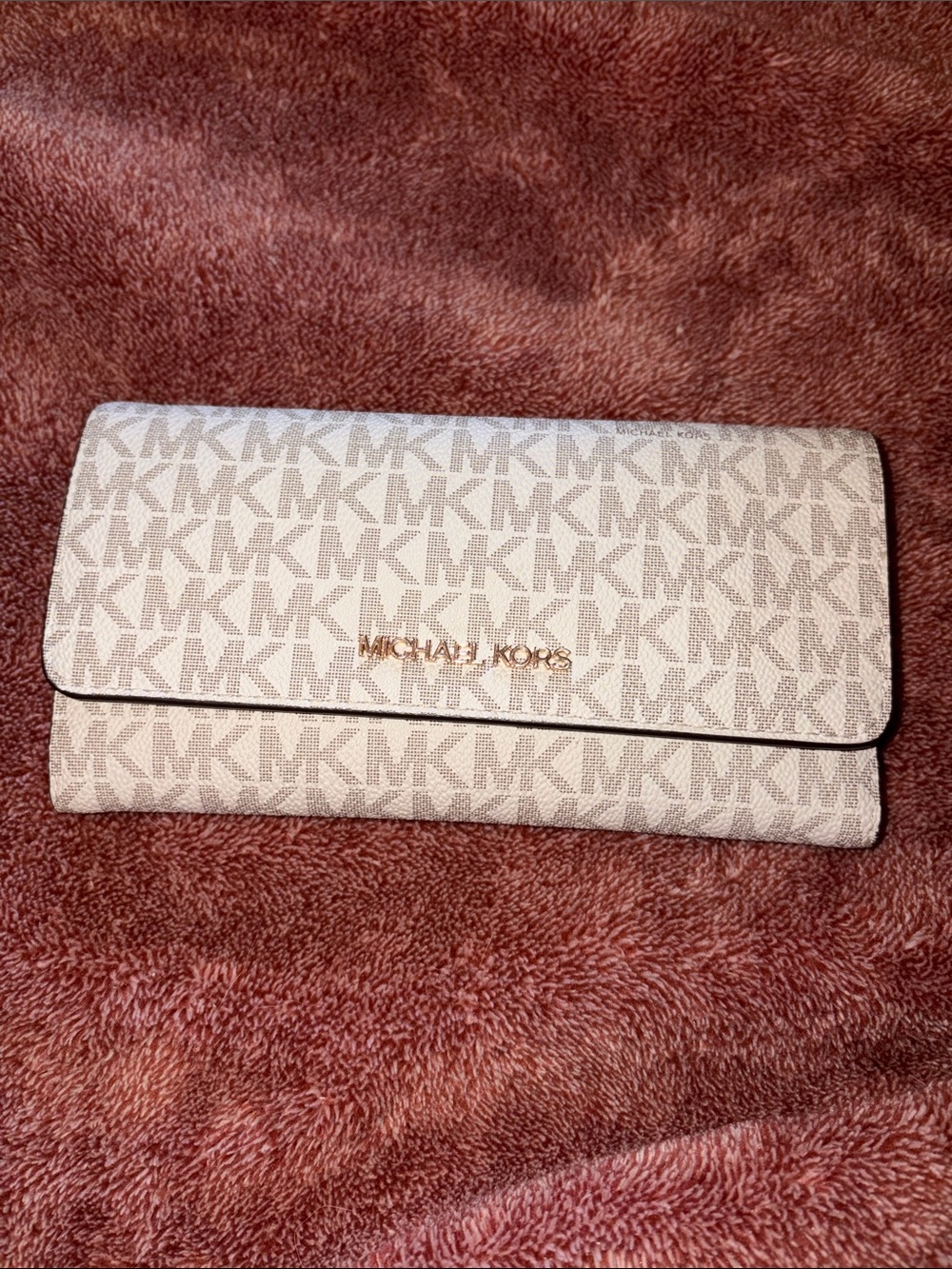 Michael Kors Beige Ivory MK Logo Continental Wallet with Gold Logo